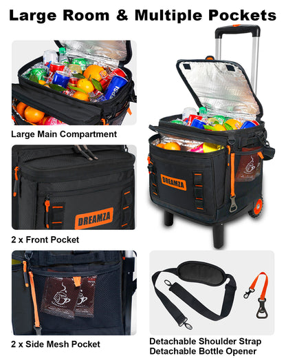 Dreamza Soft Cooler with Wheels, 60-Can Wheeled Cooler with Handle, Leak Proof Rolling Cooler Insulated Bag with All-Terrain Cart, Collapsible Rolling Ice Chest for Beach Picnic Camping Grocery