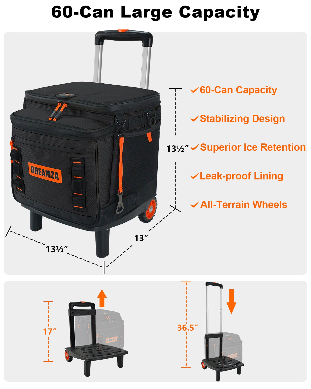 Dreamza Soft Cooler with Wheels, 60-Can Wheeled Cooler with Handle, Leak Proof Rolling Cooler Insulated Bag with All-Terrain Cart, Collapsible Rolling Ice Chest for Beach Picnic Camping Grocery