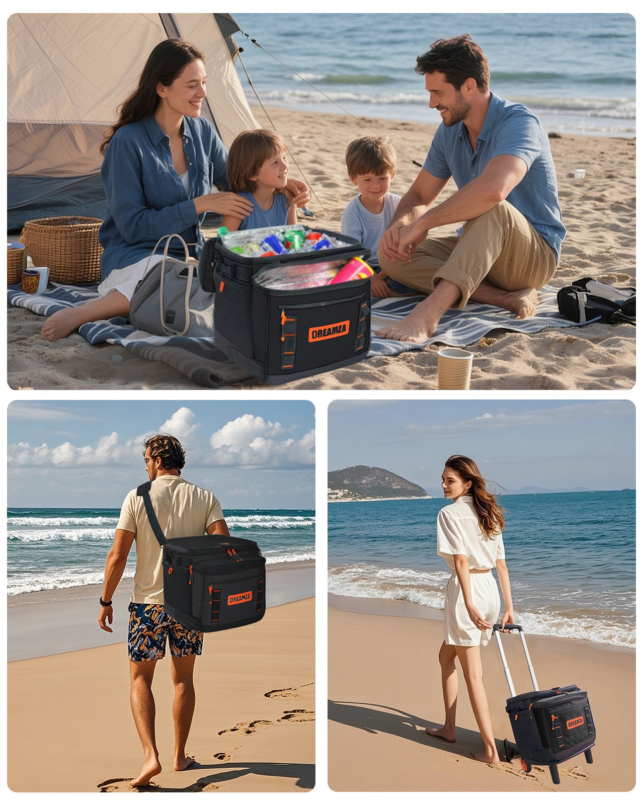 Dreamza Soft Cooler with Wheels, 60-Can Wheeled Cooler with Handle, Leak Proof Rolling Cooler Insulated Bag with All-Terrain Cart, Collapsible Rolling Ice Chest for Beach Picnic Camping Grocery
